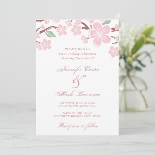 Roze Sakura Cherry Blossom Wedding Uitnodiging (Staand voorkant)
