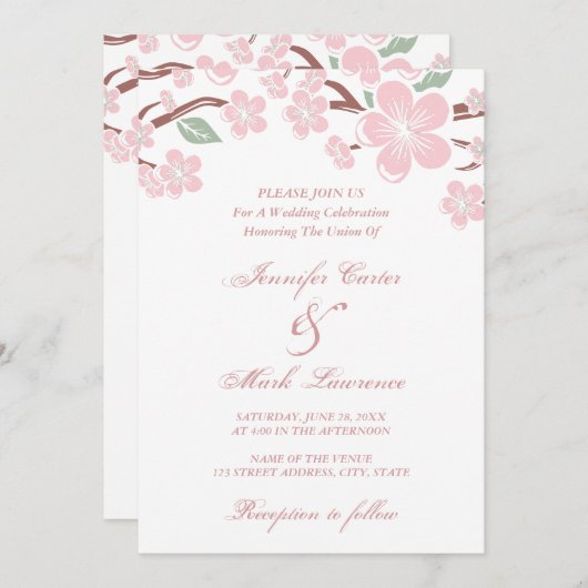 Roze Sakura Cherry Blossom Wedding Uitnodiging (Voorkant / Achterkant)