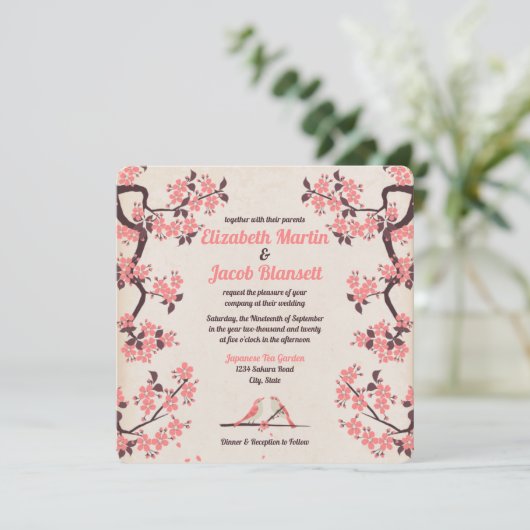 Roze Sakura en Tortelduifjes bruiloft Kaart (Staand voorkant)