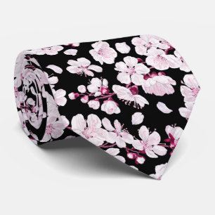 Roze Sakura Floral Cherry Pattern Modern Black Stropdas