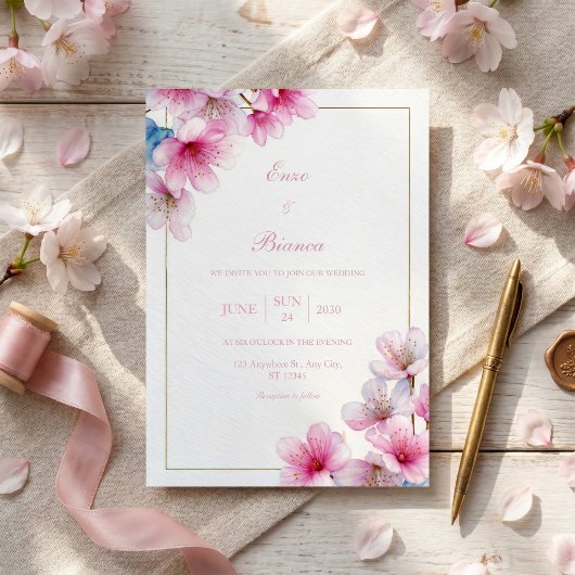 Roze Sakura Gestructureerd Papier Gouden Lijst Tro Kaart