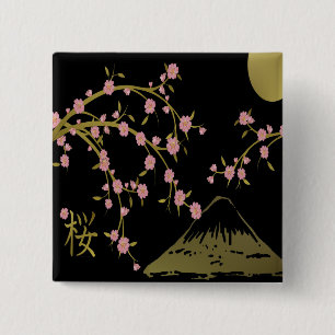 Roze Sakura Gold Black Japans scherm Vierkante Button 5,1 Cm