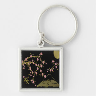 Roze Sakura Goud Zwart Japans Scherm Sleutelhanger