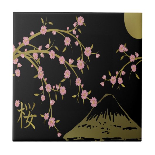 Roze Sakura Goud Zwart Japans Scherm Tegeltje (Voorkant)