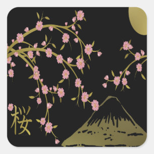 Roze Sakura Goud Zwart Japans Scherm Vierkante Sticker