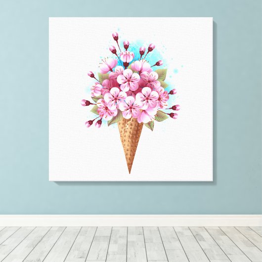 Roze Sakura Ice Cream Waffle Cone Canvas Afdruk (Insitu (Houten vloer))