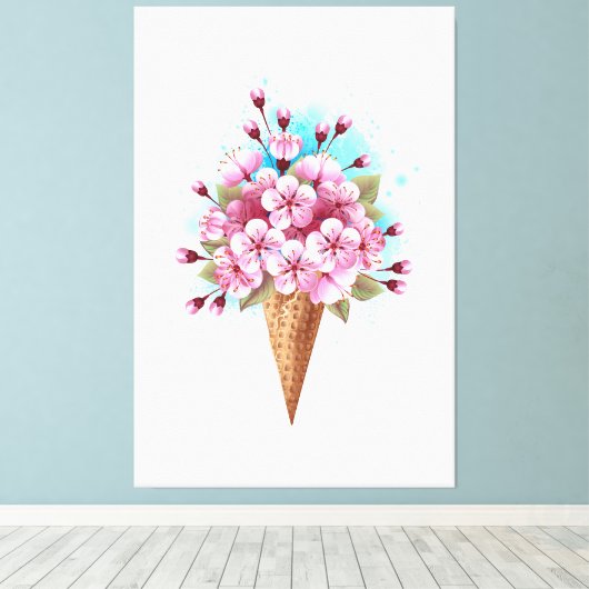 Roze Sakura Ice Cream Waffle Cone Canvas Afdruk (Insitu (Houten vloer))