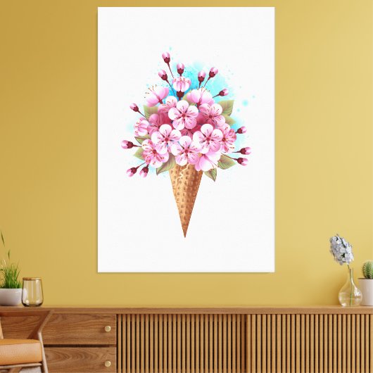 Roze Sakura Ice Cream Waffle Cone Canvas Afdruk (Insitu (Woonkamer))