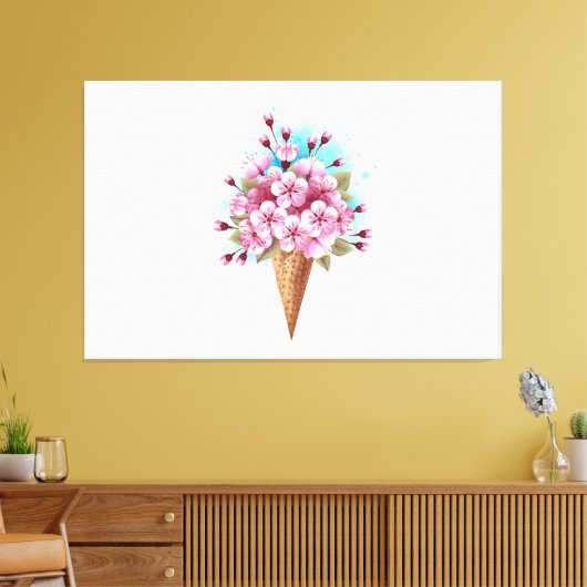 Roze Sakura Ice Cream Waffle Cone Canvas Afdruk (Insitu (Woonkamer))