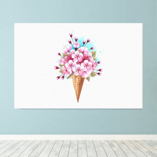 Roze Sakura Ice Cream Waffle Cone Canvas Afdruk (Insitu (Houten vloer))