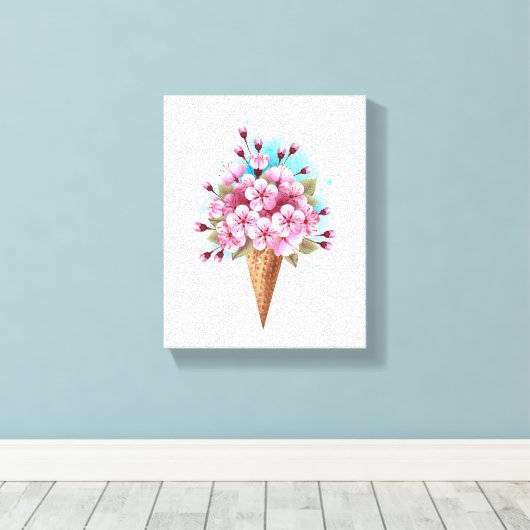Roze Sakura Ice Cream Waffle Cone Canvas Afdruk (Insitu (Houten vloer))