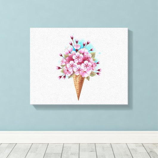 Roze Sakura Ice Cream Waffle Cone Canvas Afdruk (Insitu (Houten vloer))