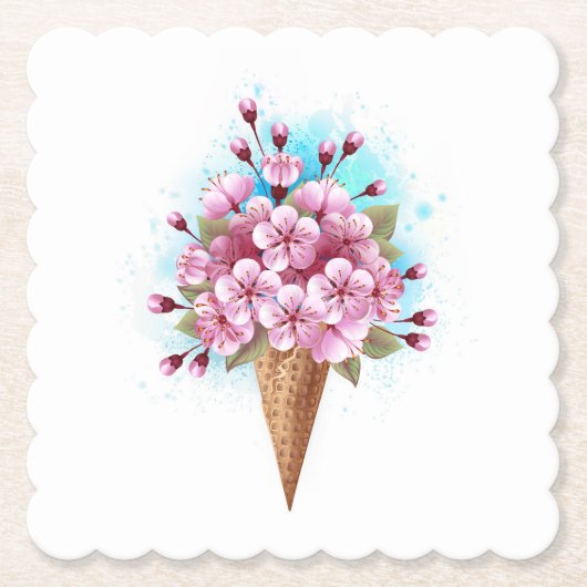 Roze Sakura Ice Cream Waffle Cone Kartonnen Onderzetters (Voorkant)