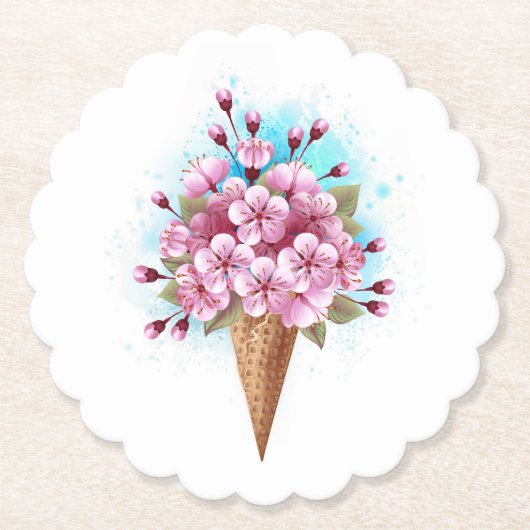 Roze Sakura Ice Cream Waffle Cone Kartonnen Onderzetters (Voorkant)