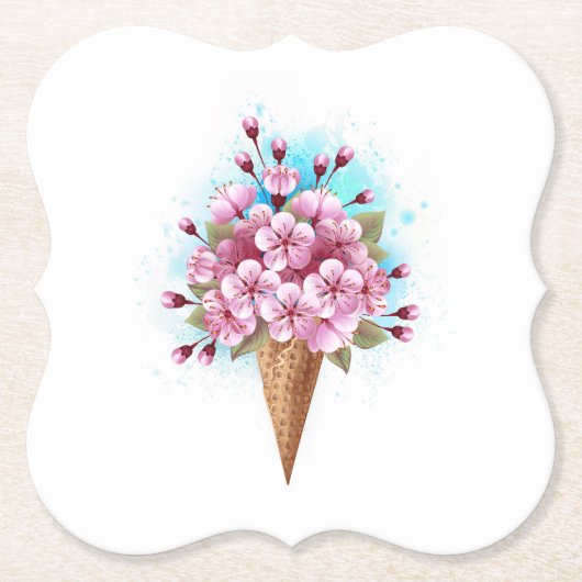 Roze Sakura Ice Cream Waffle Cone Kartonnen Onderzetters (Voorkant)