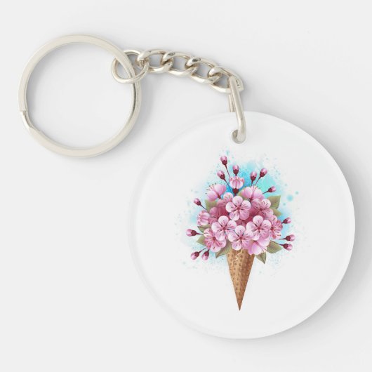 Roze Sakura Ice Cream Waffle Cone Sleutelhanger (Voorkant)
