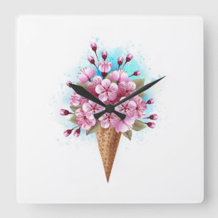 Roze Sakura Ice Cream Waffle Cone Vierkante Klok