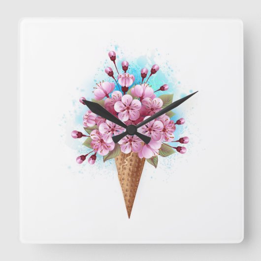 Roze Sakura Ice Cream Waffle Cone Vierkante Klok (Voorkant)
