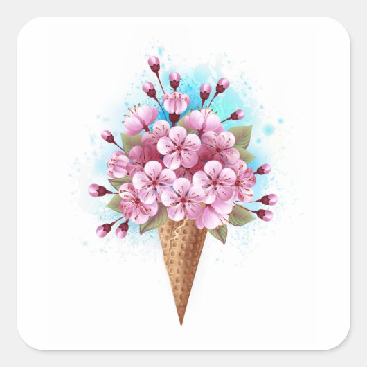 Roze Sakura Ice Cream Waffle Cone Vierkante Sticker (Voorkant)