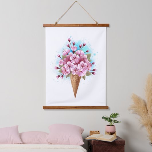 Roze Sakura Ijs Wafelhoorn Hangend Wandkleed (Slaapkamer)