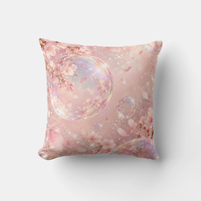 Roze Sakura Iridiserende Bubbel Droom Kussen (Voorkant)