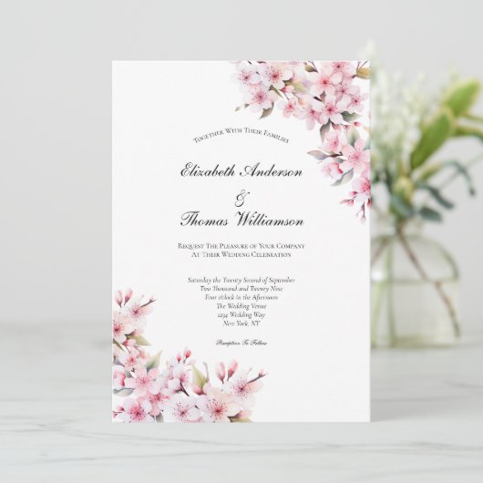 Roze Sakura Kersenbloesem Floral Elegant Bruiloft Kaart (Staand voorkant)