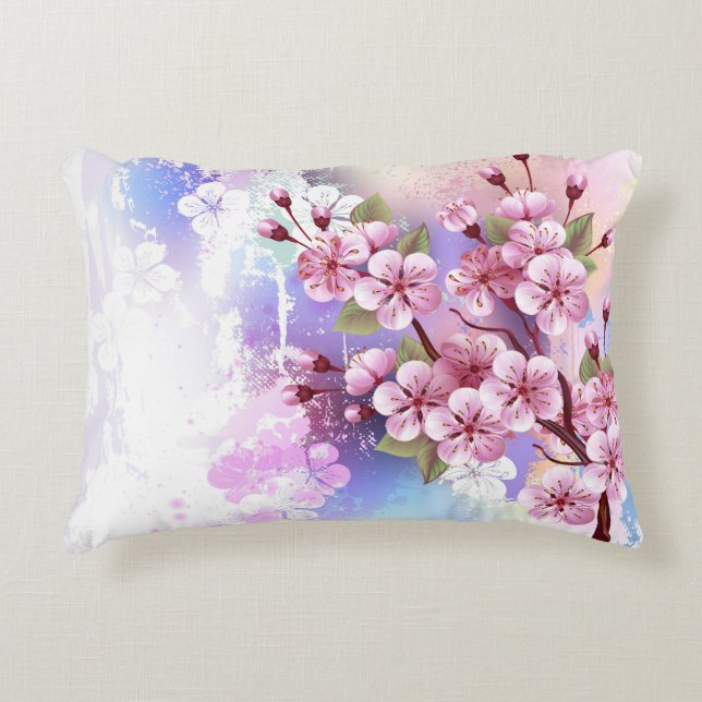 Roze Sakura op geschilderde achtergrond Accent Kussen (Voorkant)