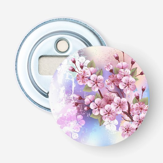 Roze Sakura op geschilderde achtergrond Button Flesopener (Voorkant)