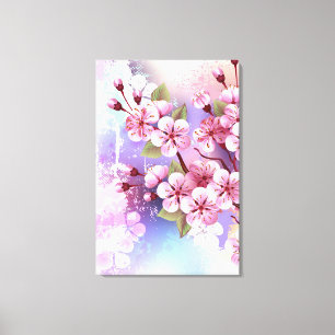 Roze Sakura op geschilderde achtergrond Canvas Afdruk