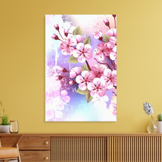 Roze Sakura op geschilderde achtergrond Canvas Afdruk (Insitu (Woonkamer))