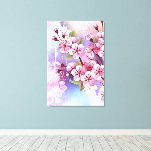 Roze Sakura op geschilderde achtergrond Canvas Afdruk (Insitu (Houten vloer))