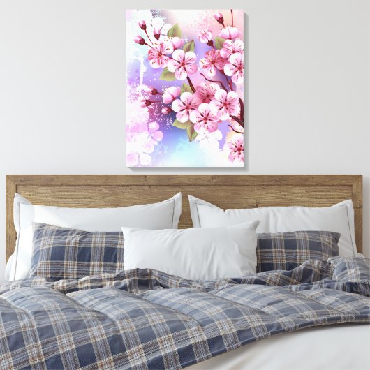 Roze Sakura op geschilderde achtergrond Canvas Afdruk (Insitu (Slaapkamer))