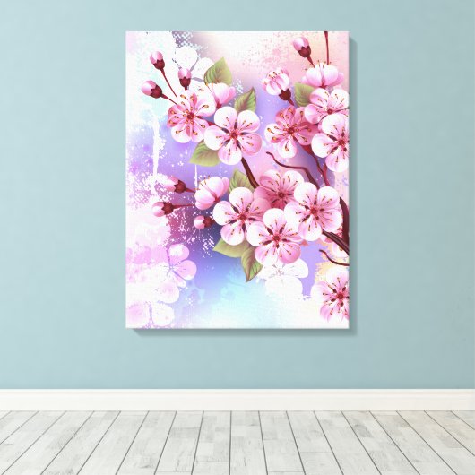 Roze Sakura op geschilderde achtergrond Canvas Afdruk (Insitu (Houten vloer))