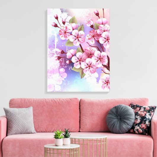 Roze Sakura op geschilderde achtergrond Canvas Afdruk (Insitu (Woonkamer))