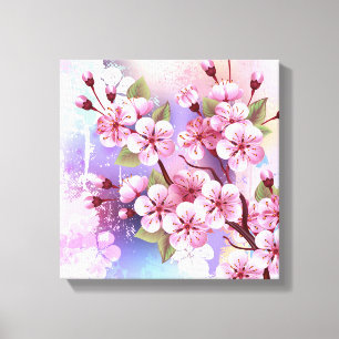 Roze Sakura op geschilderde achtergrond Canvas Afdruk