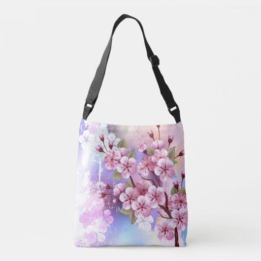Roze Sakura op geschilderde achtergrond Crossbody Tas (Achterkant)