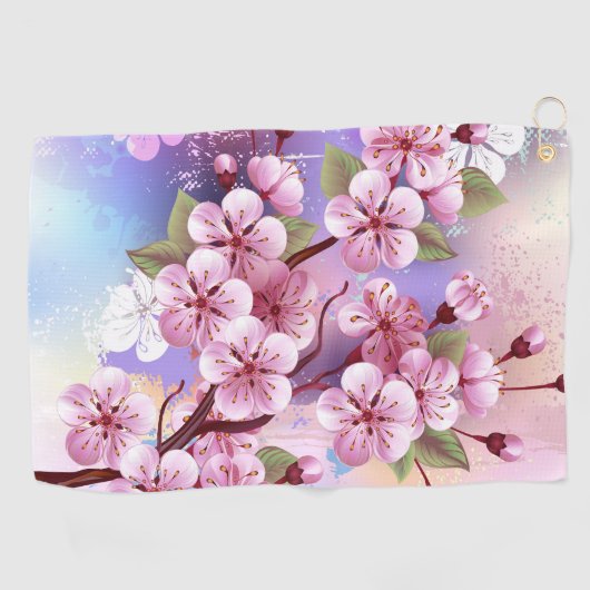 Roze Sakura op geschilderde achtergrond Golfhanddoek (Horizontaal)