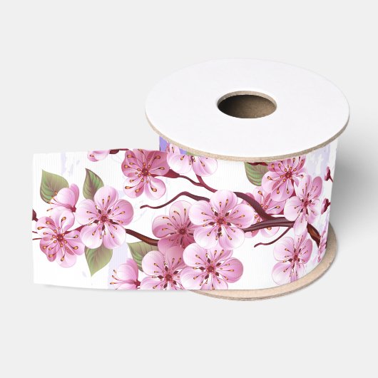Roze Sakura op geschilderde achtergrond Grosgrain Lint (Spoel)