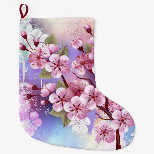 Roze Sakura op geschilderde achtergrond Grote Kerstsok (Voorkant)