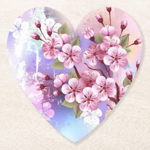 Roze Sakura op geschilderde achtergrond Kartonnen Onderzetters