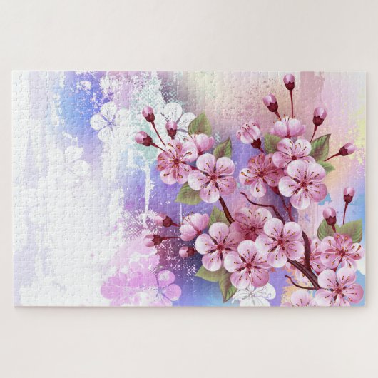 Roze Sakura op geschilderde achtergrond Legpuzzel (Horizontaal)