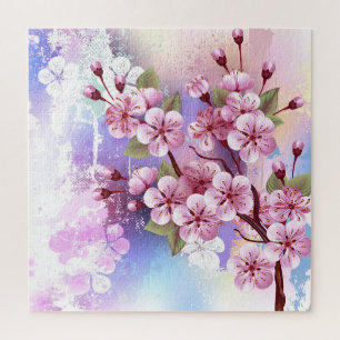 Roze Sakura op geschilderde achtergrond Legpuzzel