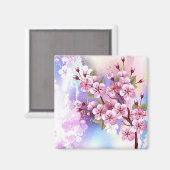 Roze Sakura op geschilderde achtergrond Magneet (Voorkant / Achterkant)