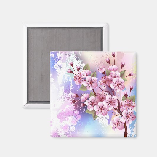 Roze Sakura op geschilderde achtergrond Magneet (Voorkant / Achterkant)