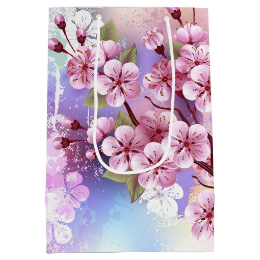 Roze Sakura op geschilderde achtergrond Medium Cadeauzakje (Achterkant)