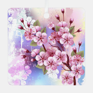 Roze Sakura op geschilderde achtergrond Metalen Ornament