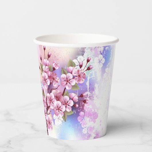 Roze Sakura op geschilderde achtergrond Papieren Bekers (Achterkant)