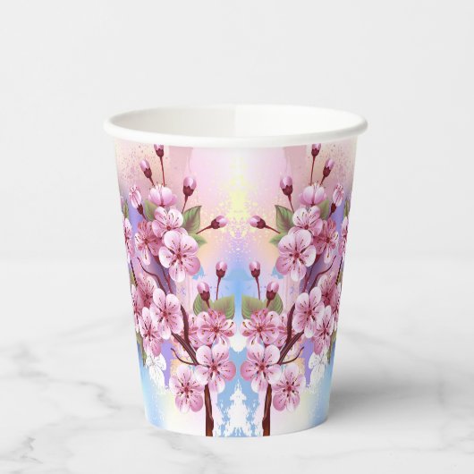 Roze Sakura op geschilderde achtergrond Papieren Bekers (Links)