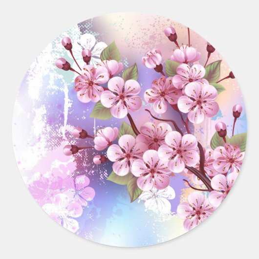 Roze Sakura op geschilderde achtergrond Ronde Sticker (Voorkant)
