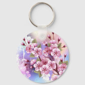 Roze Sakura op geschilderde achtergrond Sleutelhanger (Achterkant)